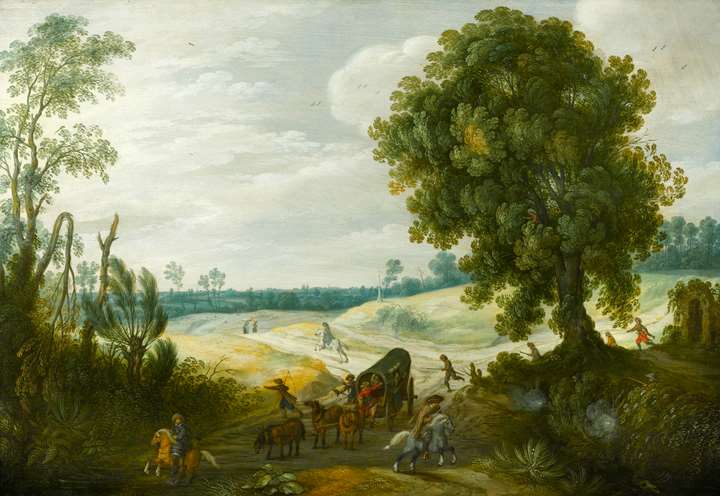 A Landscape with a Convoy on a Wooded Track under Attack